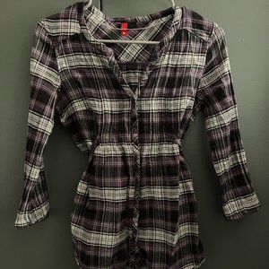Long purple, plaid button up.  Ties in the back.  H&M Size 6